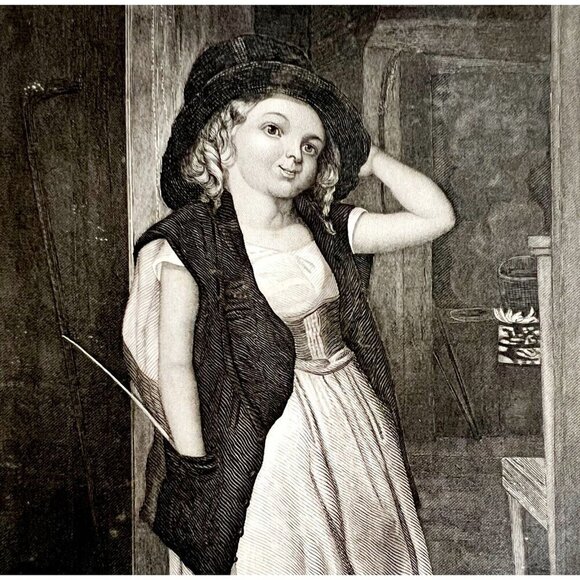 The Disguise Adorable Girl In Hat Steel Engraving 1859 Victorian Art DWY5D